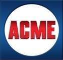 ACME logo featuring bold red text within a circular white background, set against a blue square. Represents a brand known for innovative products.
