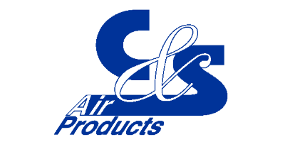 C&S Air Products logo, featuring bold blue lettering and a stylized ampersand, represents the company’s focus on air-related products and services.