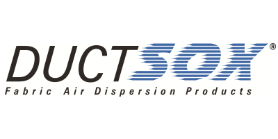 DuctSox logo, featuring the brand name in bold lettering with blue stripes, highlighting their focus on fabric air dispersion products.