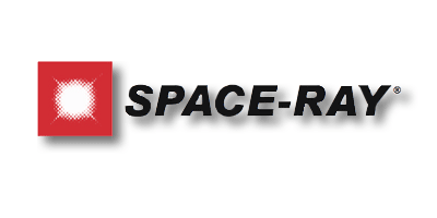 Space-Ray logo featuring a red square with a white spotlight icon and bold black text. This logo represents a brand focused on innovative heating solutions.