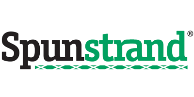 Spunstrand logo featuring bold black and green lettering, with decorative elements below, representing the brand's identity in fiber products.